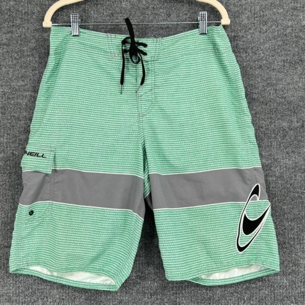 Oneill Board Shorts Mens 30 Green Striped Unlined Swim Trunks Bathing Suit